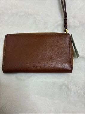 Fossil Chestnut Brown Leather Wristlet with Braided Strap